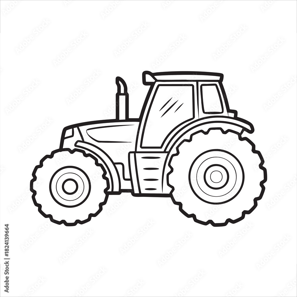 Obraz premium Black and white line drawing of a farm tractor with large wheels Keywords: tractor, farm, vehicle, agriculture, machine, transportation, equipment, rural, farming, illustration, drawing, outline