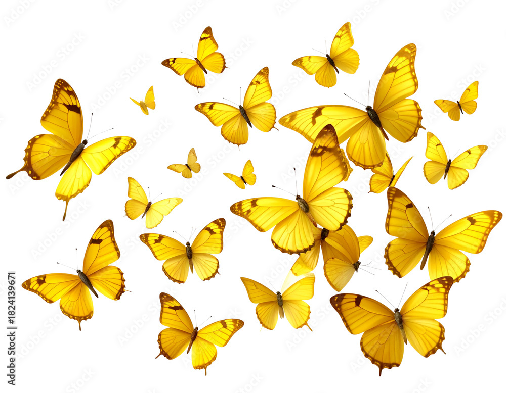 Fototapeta premium Collection of Yellow Butterflies in Various Wing Positions — Natural Flying Poses, Isolated PNG 
