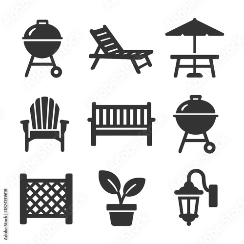 Outdoor furniture and garden icons: grill, bench, lantern, and more.
