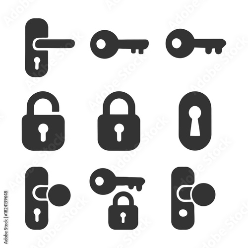 Set of icons featuring locks, keys, and door handles in black silhouette.