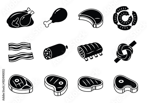 Set of black and white meat and poultry icons