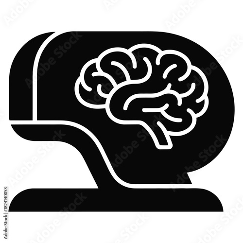 Black and white icon representing a human brain inside a virtual reality headset or futuristic headmounted display device