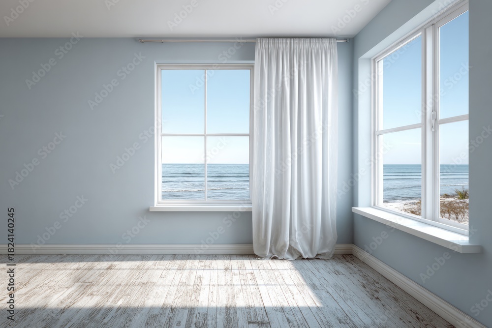 Obraz premium Empty room interior overlooks bright ocean vista through large windows