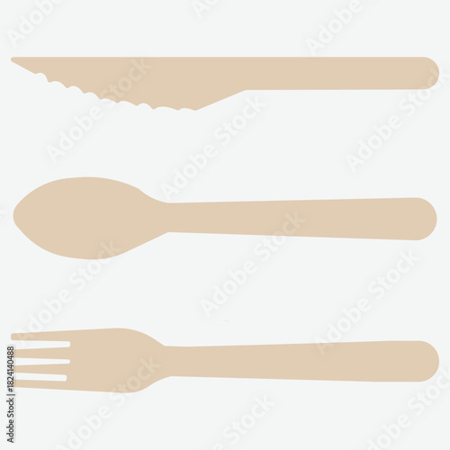 Set of wooden cutlery: knife, spoon, and fork on a white background