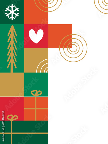 christmas greeting card with christmas tree, green Merry Christmas and Happy New Year greeting card header banner in paper art style with snowy winter landscape snow covered trees for holiday message 