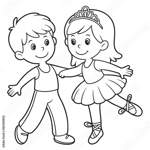 Cartoon boy and girl dancing ballet with the girl wearing a tiara and tutu dancers