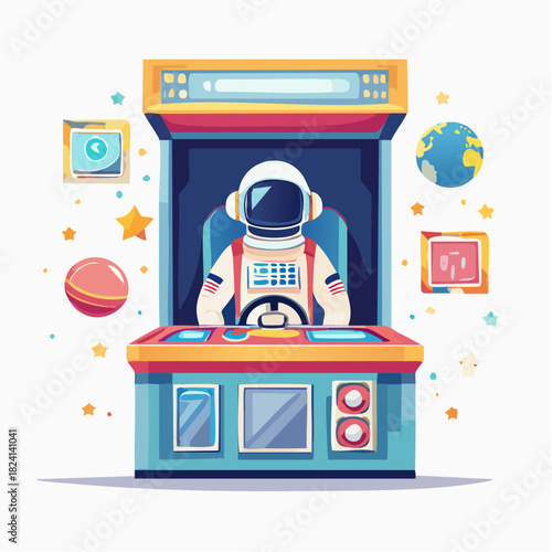 Astronaut in space arcade game machine, retro gaming vector. Cartoon spaceman playing a sci-fi video game simulation.