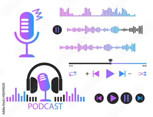 Set podcast elements. Studio microphone with headphones. Concept webinar, online training, radio show or audio blog. Music or video playback interface. Voice message signs.