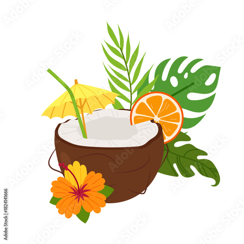 Tropical summer beach coctail in coconut. Exotic plants and plumeria flower. Coconut drink with umbrella and orange slice.