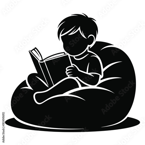 Black and white silhouette vector graphic of a young child sitting comfortably in a bean bag chair while engrossed in reading a book