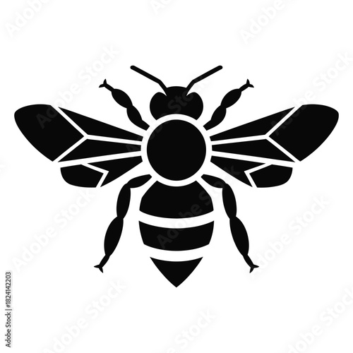 Black and white stylized silhouette graphic of a honeybee viewed from above, isolated on white background