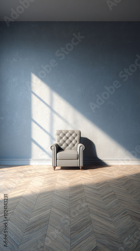 Soft gray armchair in sunlit minimalist room