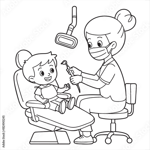 Cartoon dentist wearing a mask examining a happy boy in a dental chair doctor medical