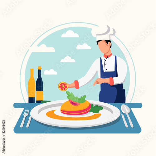 Chef Plating Gourmet Dish, Fine Dining Illustration
