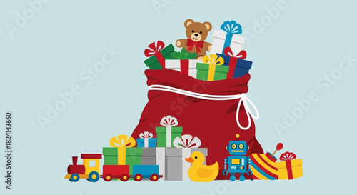 Red santa sack overflowing with colorful christmas toy gift presents
