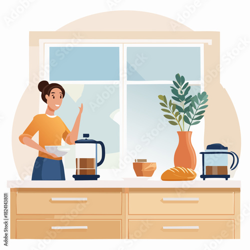 Woman Making Coffee in Kitchen, Morning Routine, Breakfast, Lifestyle