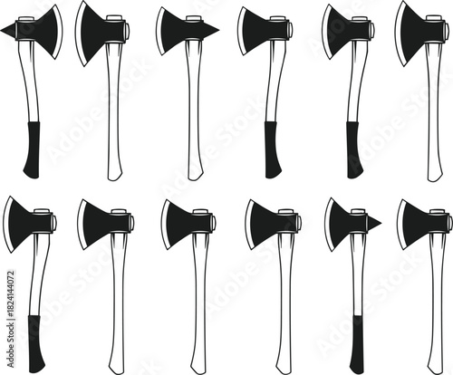Set of Axe and Hatchet Vector Icons - Black and White Lumberjack Tools, Wood Chopping, Camping, and Survival Equipment
