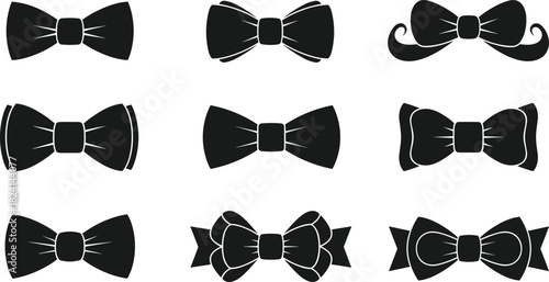 Set of Black and White Bow Tie Icons Vector Collection - Elegant Formalwear Accessory Silhouettes for Wedding and Fashion Design