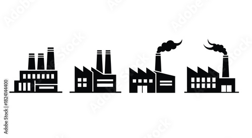 Set of factory building icons with smoke isolated on white