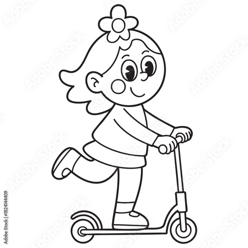 Cartoon girl with flower in hair riding a scooter with one leg up child