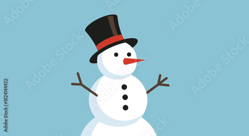 Cute cartoon snowman wearing a black top hat against blue
