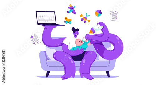 Multitasking Parent Juggling Work Life Balance Illustration
