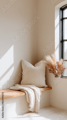 Cozy neutral reading nook with textured pillow
