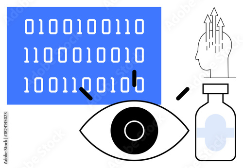 Data science concept. Binary code, brain activity, and eye tracking form the essence of data science advancements. Data science enabling insights in technology and scientific innovation