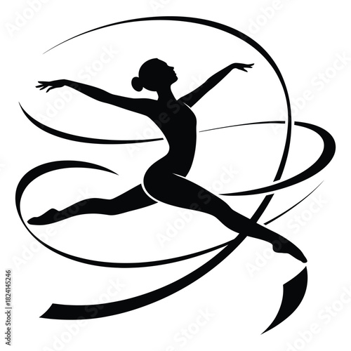 Silhouette of a graceful rhythmic gymnast performing a leap with a flowing ribbon, isolated on white background