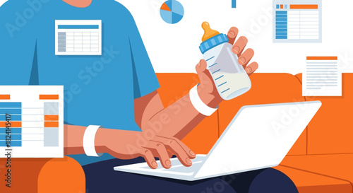 Working Father Multitasking: Remote Work and Baby Bottle Illustration