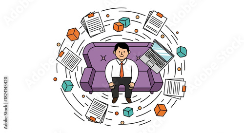 Businessman Managing Data Flow while Doing Remote Work Illustration