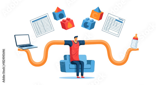 Man Juggling Remote Work and Work-Life Balance Illustration
