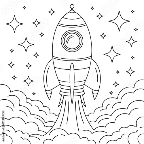 Cartoon rocket ship launching into starry space with clouds spaceship stars