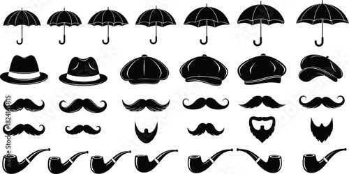 Set of Black Gentleman Accessories Silhouettes Vector - Pipe, Mustache, Fedora Hat, and Umbrella Icons for Retro Design