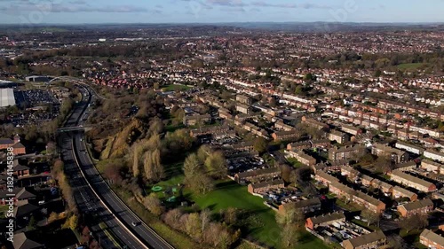 Motorway interchange near business park and housing estate