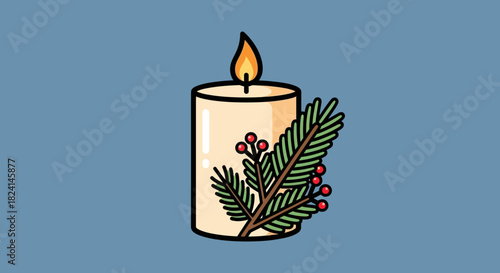 Simple illustration of a lit candle with fir branch and berry decoration