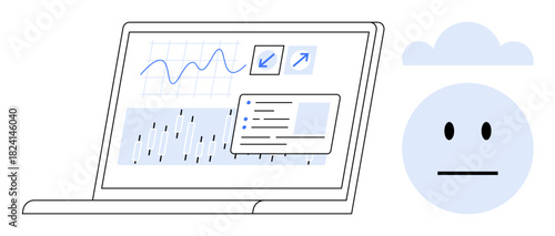 Laptop screen displaying charts, graphs, and declining trends alongside a sad face icon. Ideal for data analysis, market trend, emotion, business challenges, uncertainty, feedback simple flat