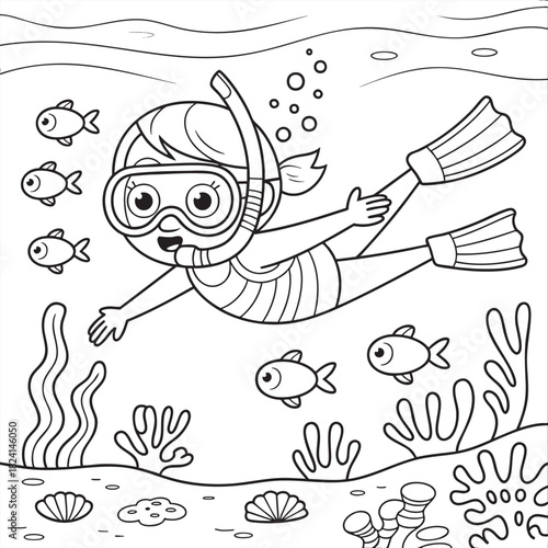 Cheerful cartoon girl snorkeling underwater with flippers and mask near fish and coral ocean