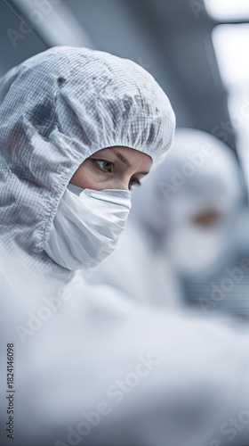 Cleanroom technician wearing protective mask and hood focused task