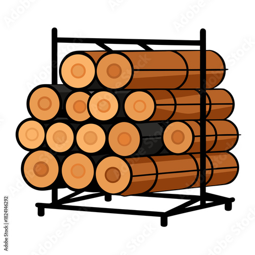 A flat design illustration of a metal rack holding several stacked logs, ready for transport or processing.