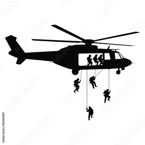Silhouette of military special forces team rappelling from a helicopter during an extraction or insertion operation isolated on white background
