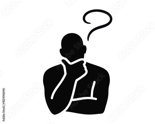 Silhouette of a pondering man with hand on chin and a question mark above his head in black and white