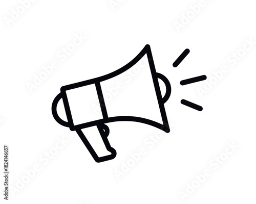 Outline drawing of a black megaphone with sound waves emanating from it on a white background image view