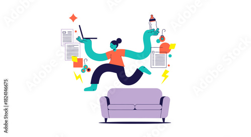 Busy Working Mother Juggling Multitasking Work-Life Balance