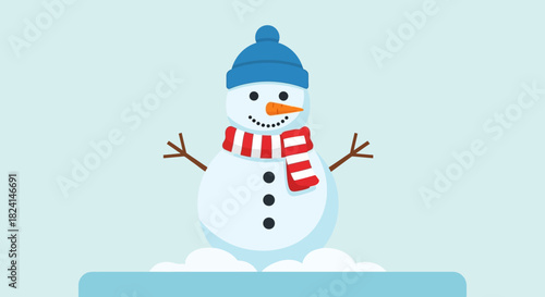 Cute cartoon snowman wearing a blue hat and red striped scarf