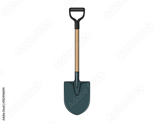 Illustration of a spade with a black handle and a wooden shaft isolated on a white background view