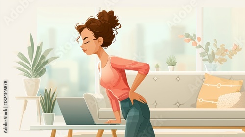 Female back pain, posture strain, laptop work, ergonomic risk and home office discomfort used for health, posture correction, occupational medicine and wellness marketing, physiotherapy
