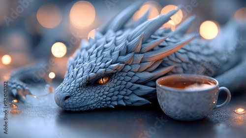 A detailed, light blue fantasy dragon with orange eyes rests peacefully next to a steaming cup of tea. The background features soft, blurred bokeh lights in war