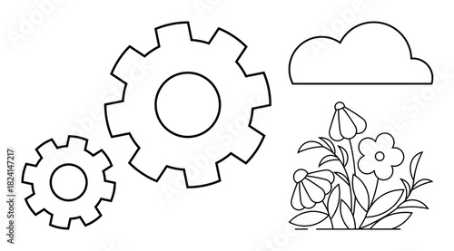 Two interconnected gears, blooming flowers, and a cloud highlight harmony between technology and nature. Ideal for innovation, sustainability, ecology, teamwork, growth balance and industry. Simple