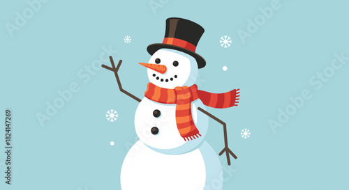 Cute waving snowman wearing a black top hat and scarf